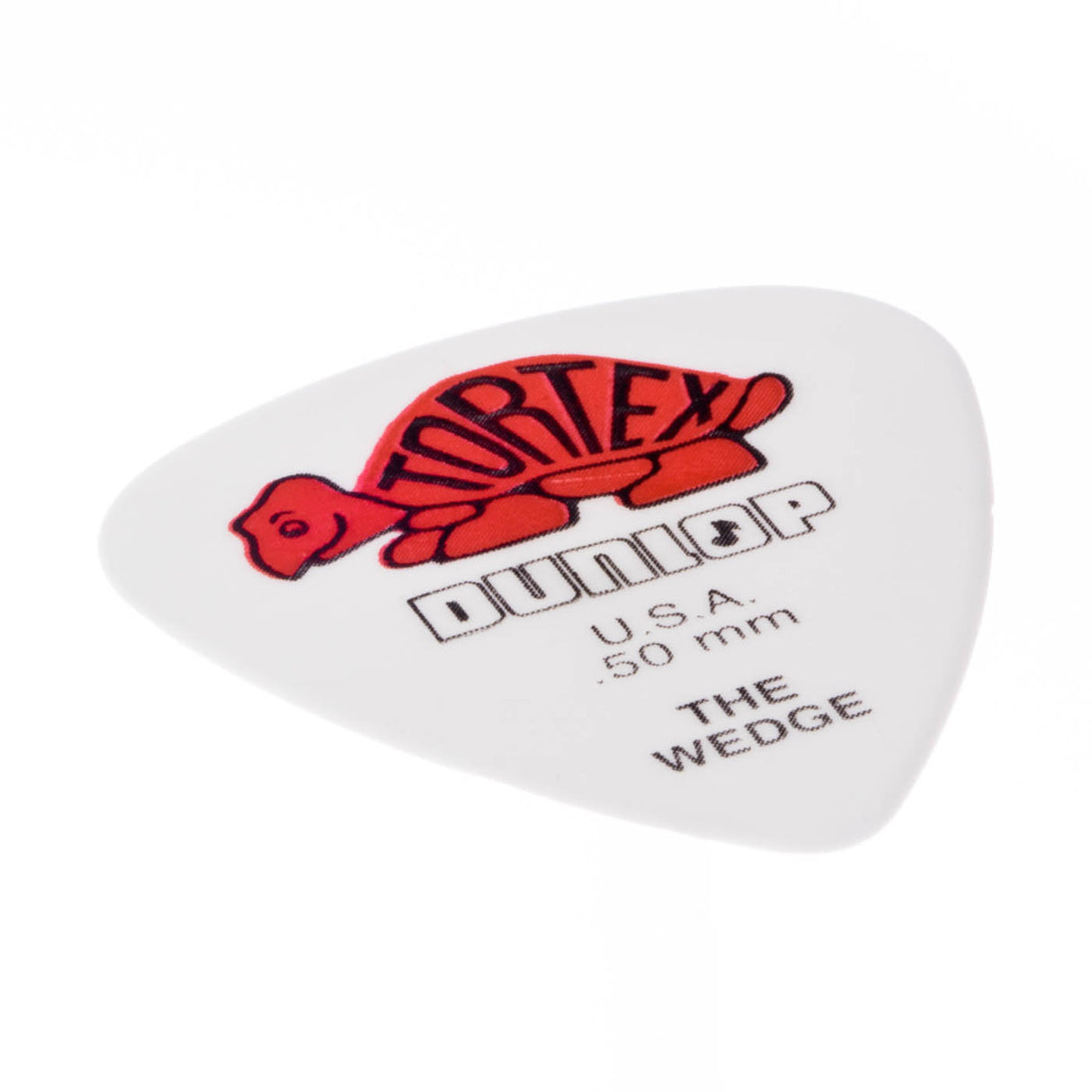 White guitar pick with red and black branding on a white background