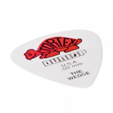 White guitar pick with red and black branding on a white background