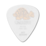 White guitar pick with a gold logo on a white background