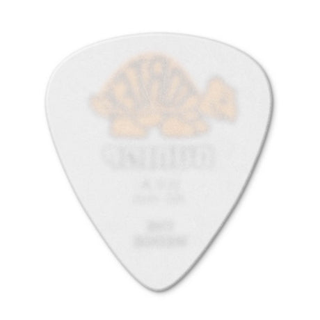 White guitar pick with a gold logo on a white background