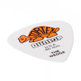 White guitar pick with orange logo and text on a white background