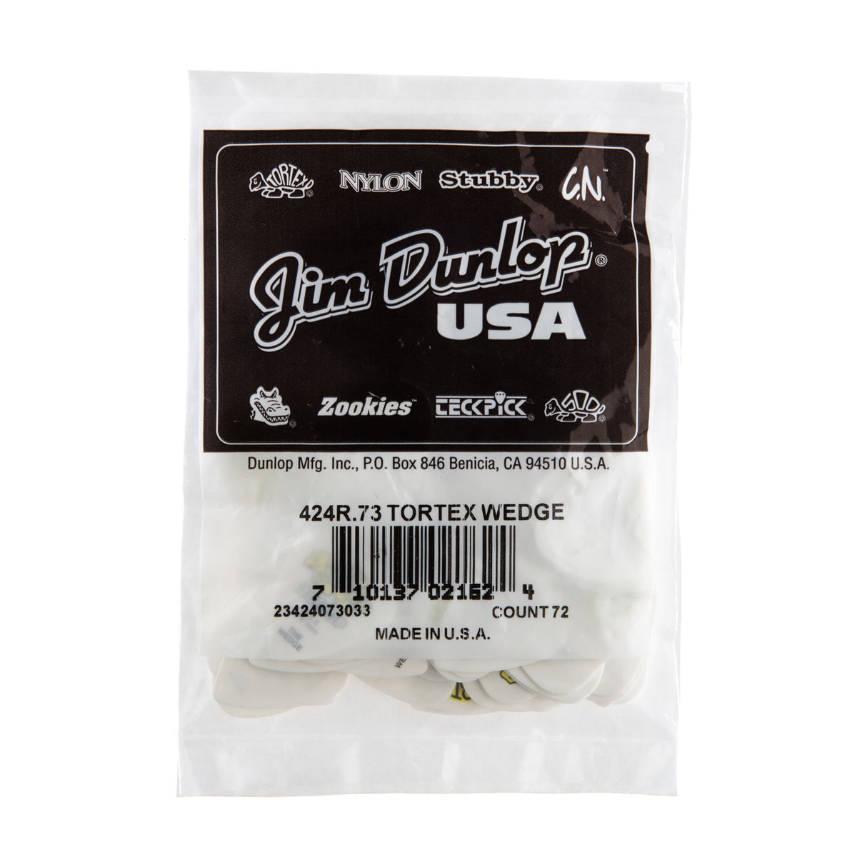 Pack of Jim Dunlop guitar picks with brand label on a white background