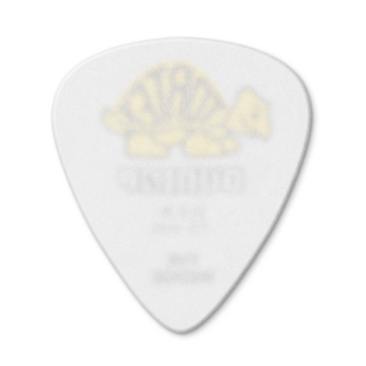 White guitar pick with a brand logo on a white background