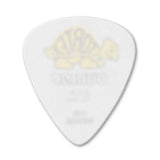 White guitar pick with a brand logo on a white background