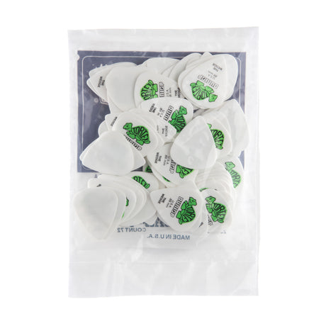 Pack of guitar picks with green logo on a white background