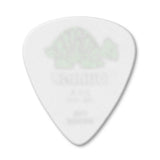 White guitar pick with a subtle pattern on a white background