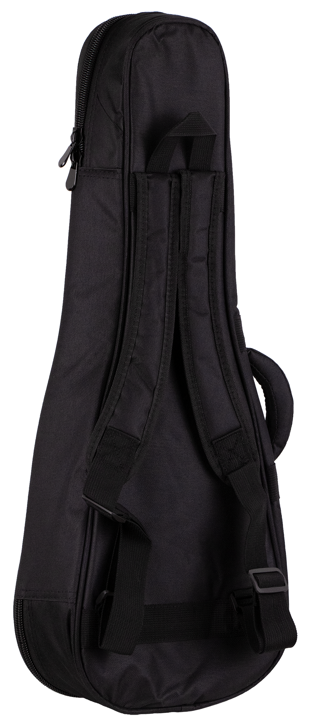 The image shows a black ukulele gig bag made of durable fabric with a full-length zipper and padded interior for protection. It has adjustable shoulder straps, a front zippered pocket for accessories, and reinforced stitching. Sized for a concert or tenor ukulele, this lightweight soft case is designed for easy, safe transport of the instrument.