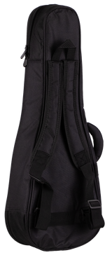 The image shows a black ukulele gig bag made of durable fabric with a full-length zipper and padded interior for protection. It has adjustable shoulder straps, a front zippered pocket for accessories, and reinforced stitching. Sized for a concert or tenor ukulele, this lightweight soft case is designed for easy, safe transport of the instrument.
