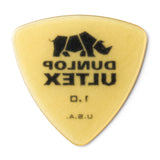 Yellow guitar pick with Dunlop Ultex branding on a white background