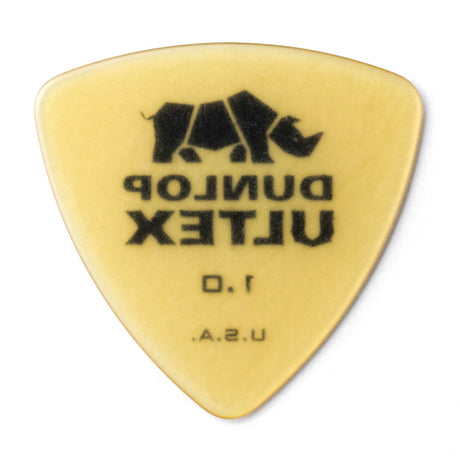 Yellow guitar pick with Dunlop Ultex branding on a white background