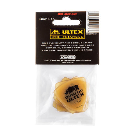 Packaged Dunlop Ultex Triangle guitar picks with packaging showing brand details.