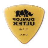 Yellow guitar pick with Dunlop Ultex branding on a white background
