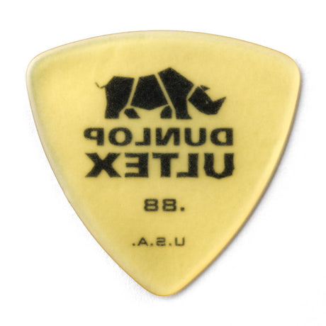 Yellow guitar pick with Dunlop Ultex branding on a white background