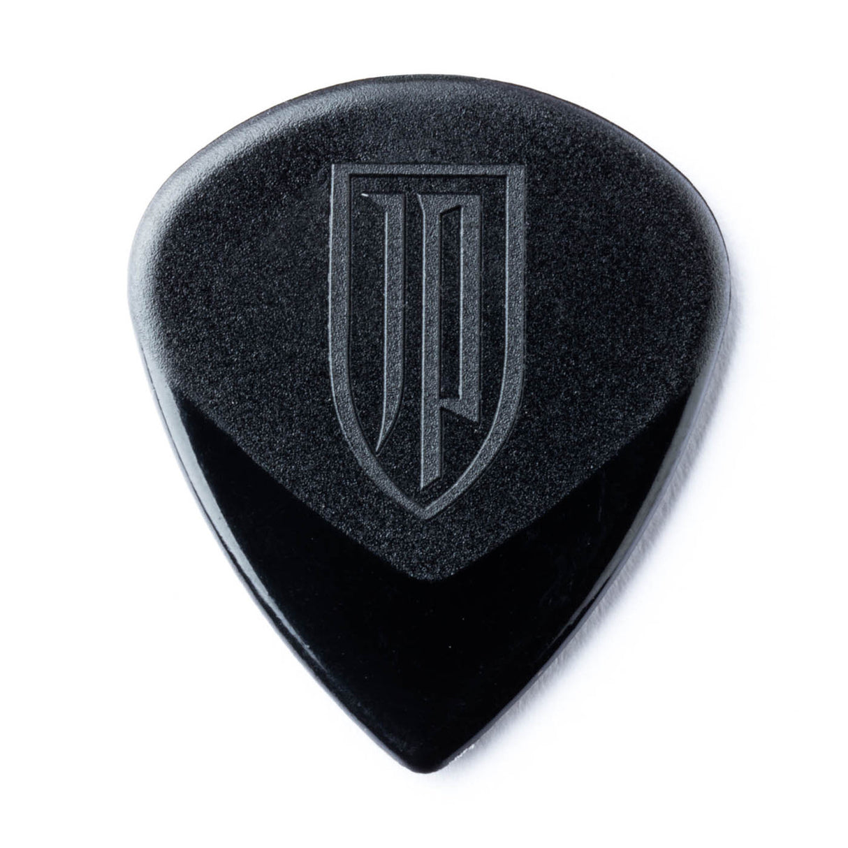 Black guitar pick with a JP logo on a white background