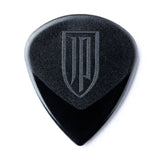 Black guitar pick with a JP logo on a white background