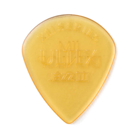 A clear gold colored guitar pick with Ultex Jazz III branding on a white background