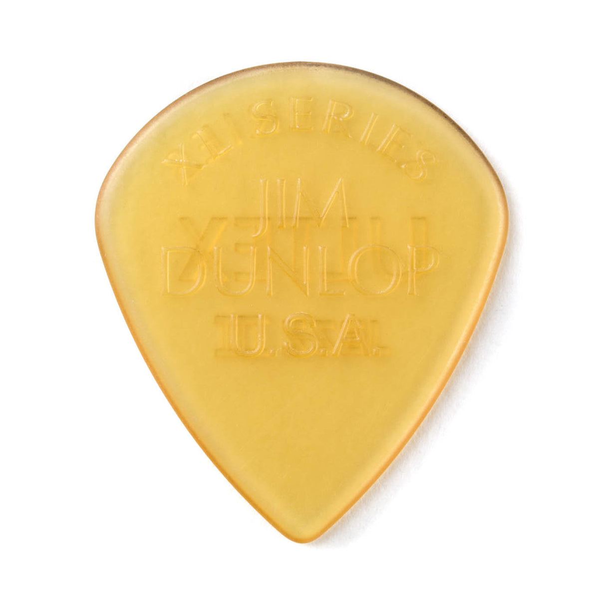 A clear gold guitar pick with Jim Dunlop USA branding on a white background