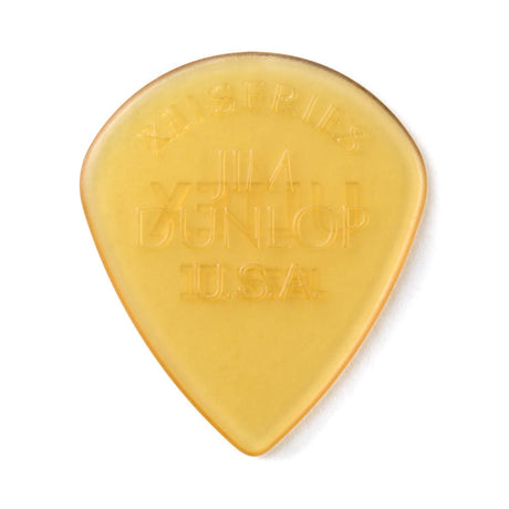A clear gold guitar pick with Jim Dunlop USA branding on a white background