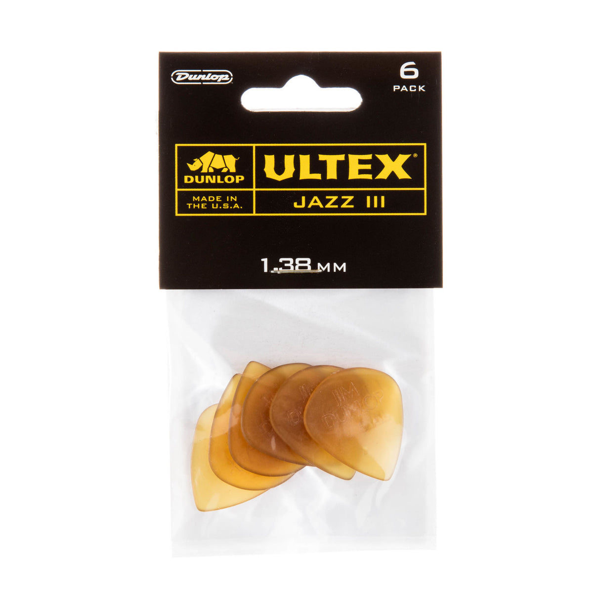 Pack of Dunlop Ultex Jazz III guitar picks with packaging on a white background