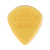 A clear gold colored guitar pick with Ultex and Jazz III branding on a white background
