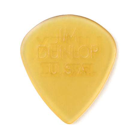 A clear gold colored guitar pick with Jim Dunlop branding on a white background