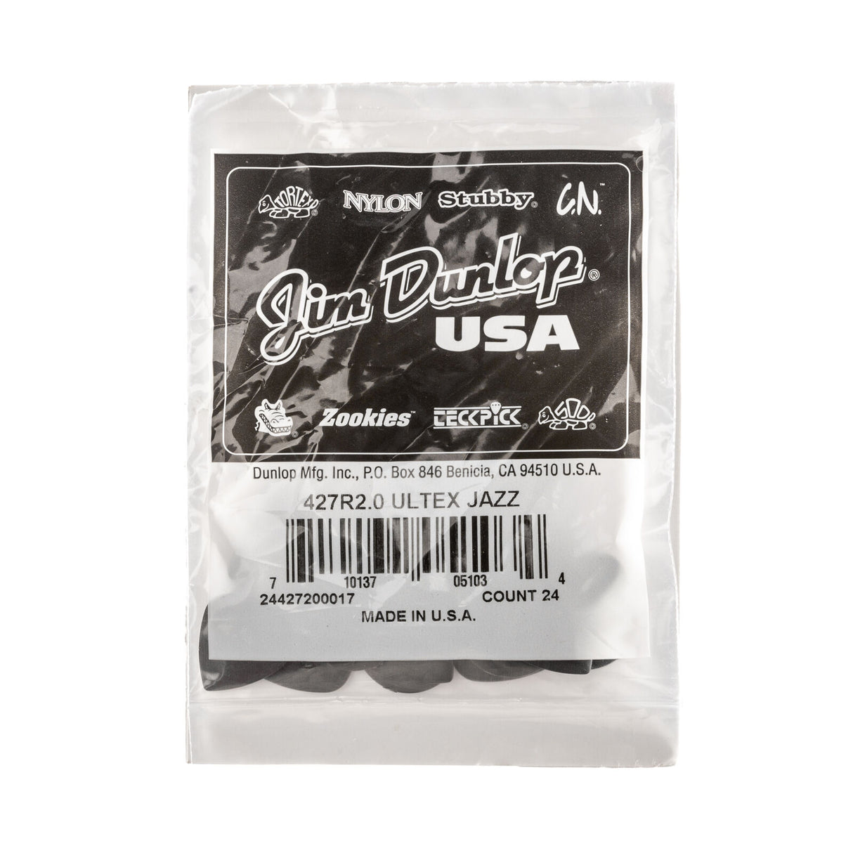 A packaged bag of black guitar picks with Jim Dunlop branding on a white background