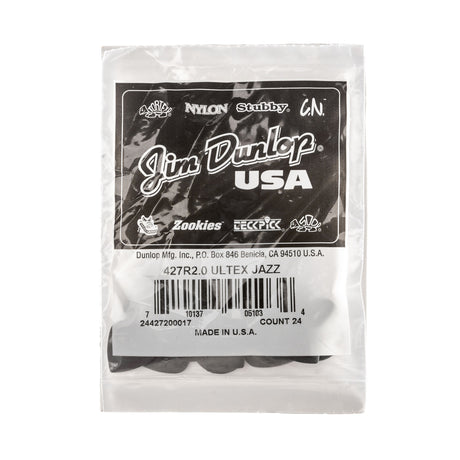 A packaged bag of black guitar picks with Jim Dunlop branding on a white background