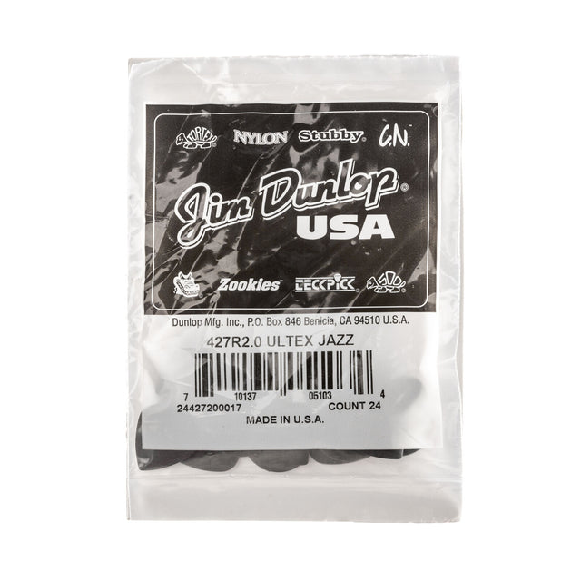 A packaged bag of black guitar picks with Jim Dunlop branding on a white background