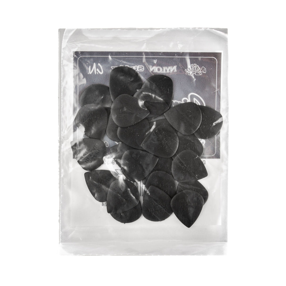 A package bag filled with black guitar picks on a white background