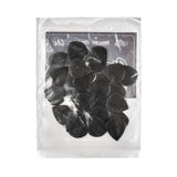 A package bag filled with black guitar picks on a white background
