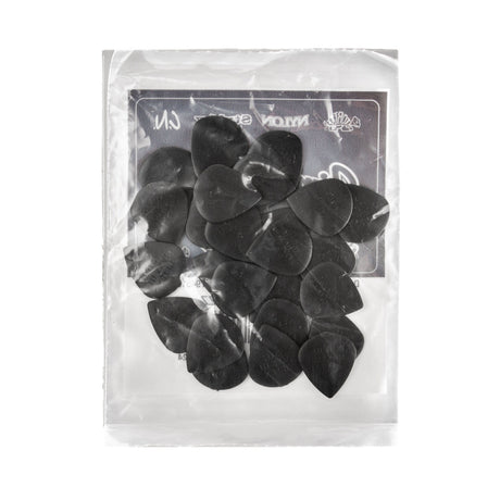 A package bag filled with black guitar picks on a white background