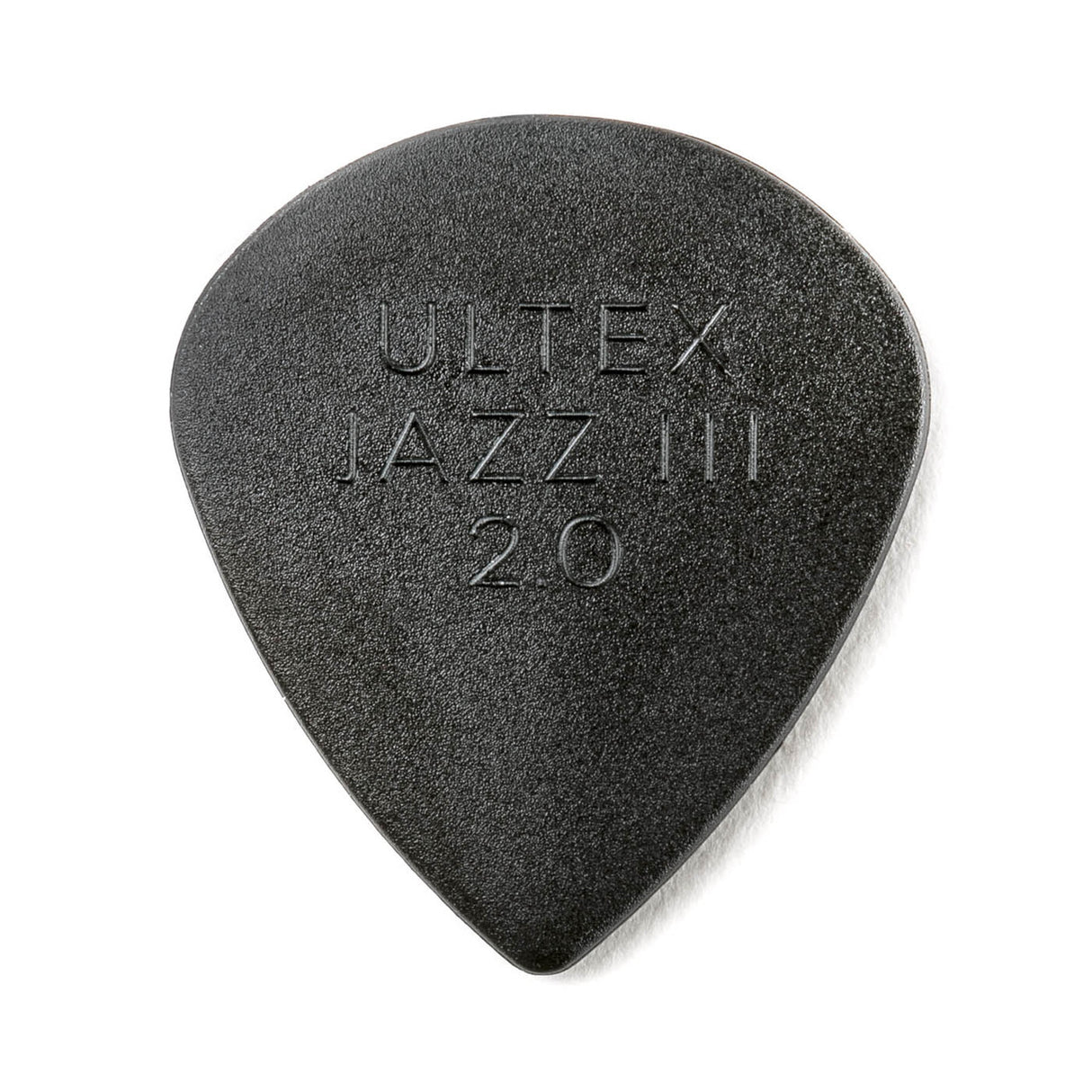 A black guitar pick with Ultex Jazz III 2.0 branding on a white background