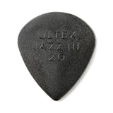 A black guitar pick with Ultex Jazz III 2.0 branding on a white background