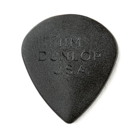 a black guitar pick with Jim Dunlop USA branding on a white background