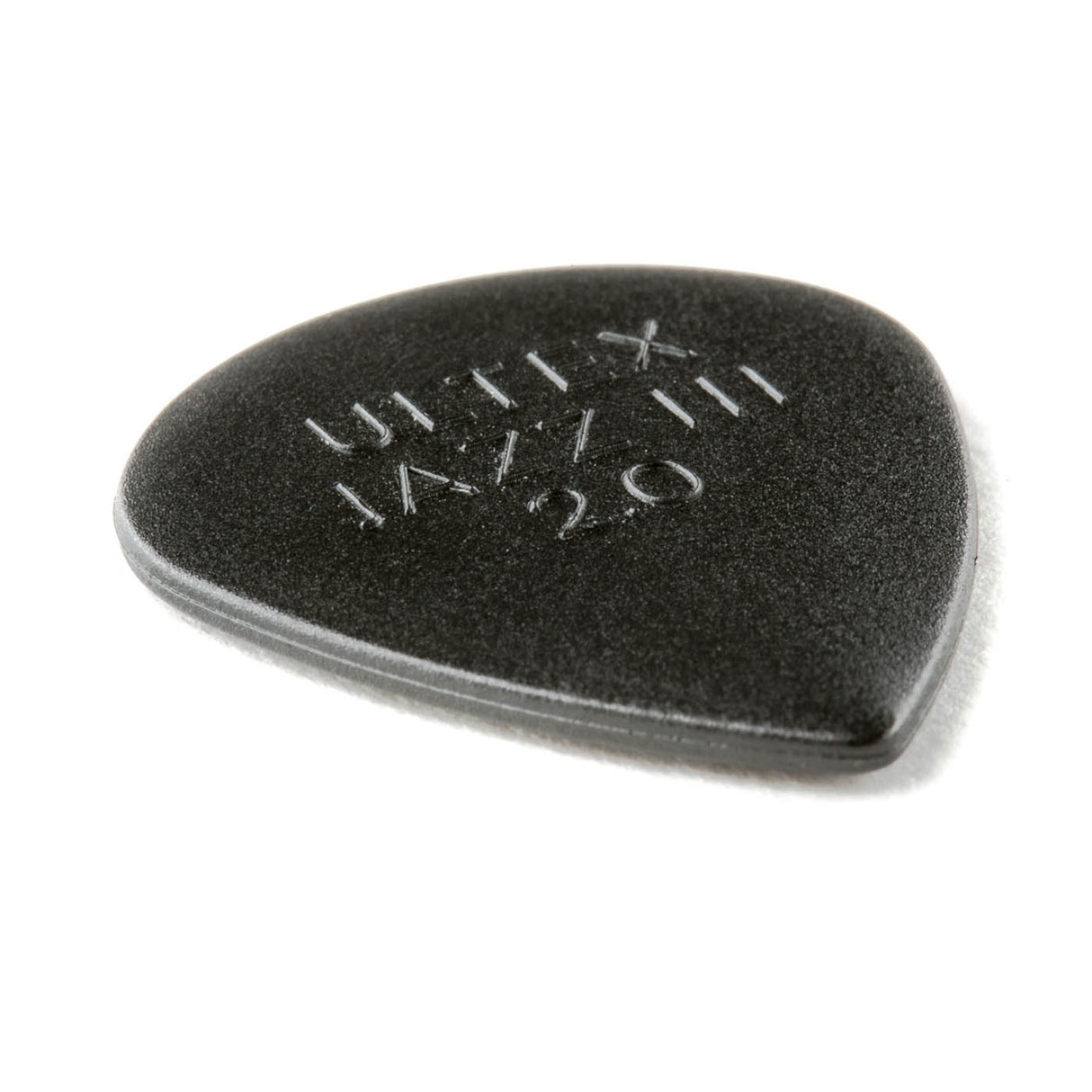 A black guitar pick with Ultex Jazz III 2.0 branding on a white background