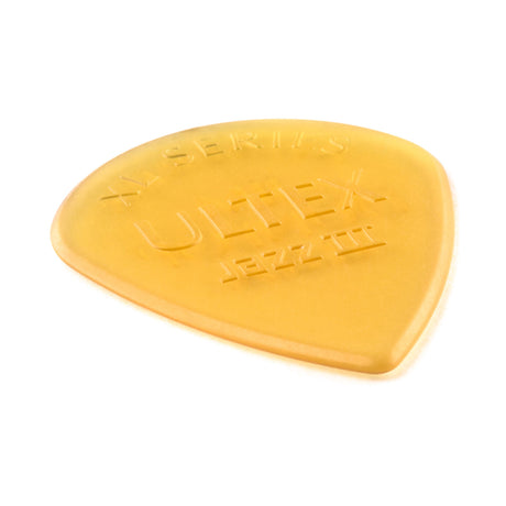 A gold colored guitar pick with Ultex Jazz III XL Series branding on a white background