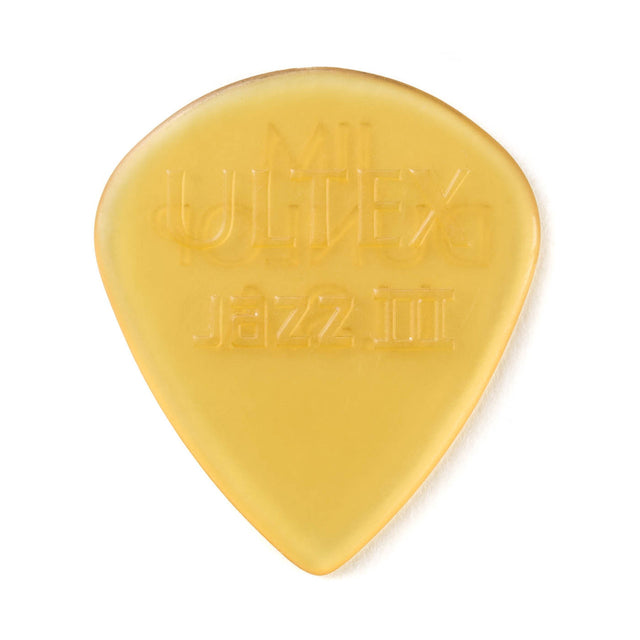 A clear gold colored guitar pick with Ultex Jazz III branding on a white background