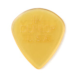 A clear gold colored guitar pick with Jim Dunlop guitar branding on a white background