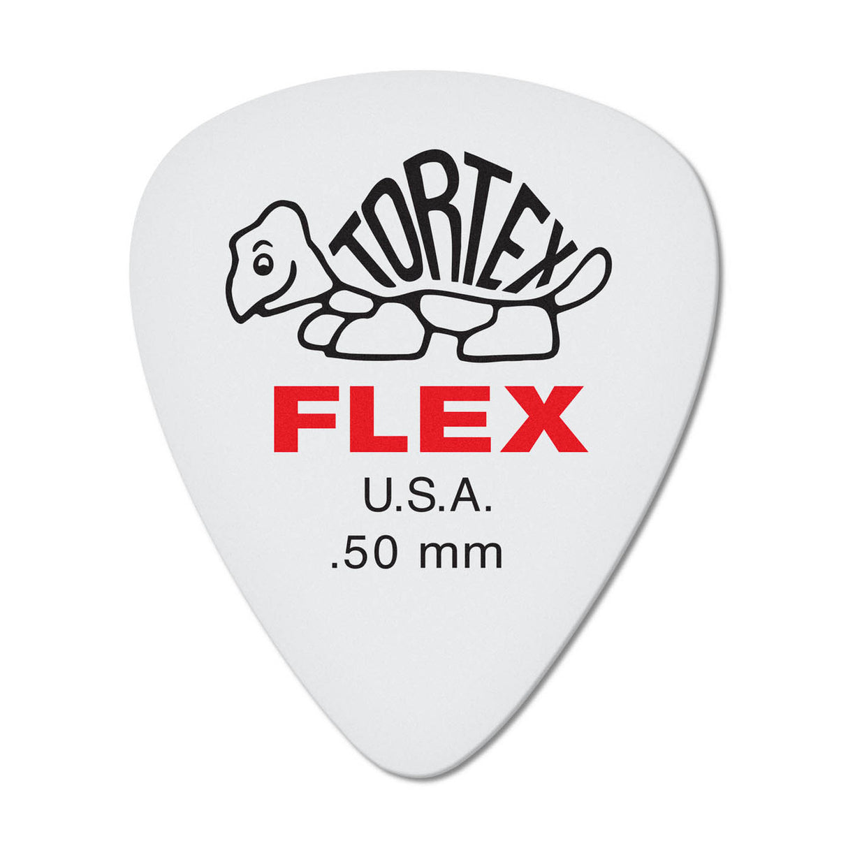 White guitar pick with Tortex Flex branding on a white background