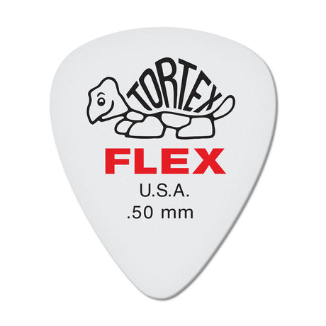 White guitar pick with Tortex Flex branding on a white background