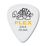 A white guitar pick with Jim Dunlop Tortex Flex branding on a white background