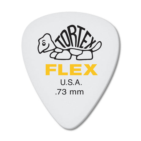 A white guitar pick with Jim Dunlop Tortex Flex branding on a white background