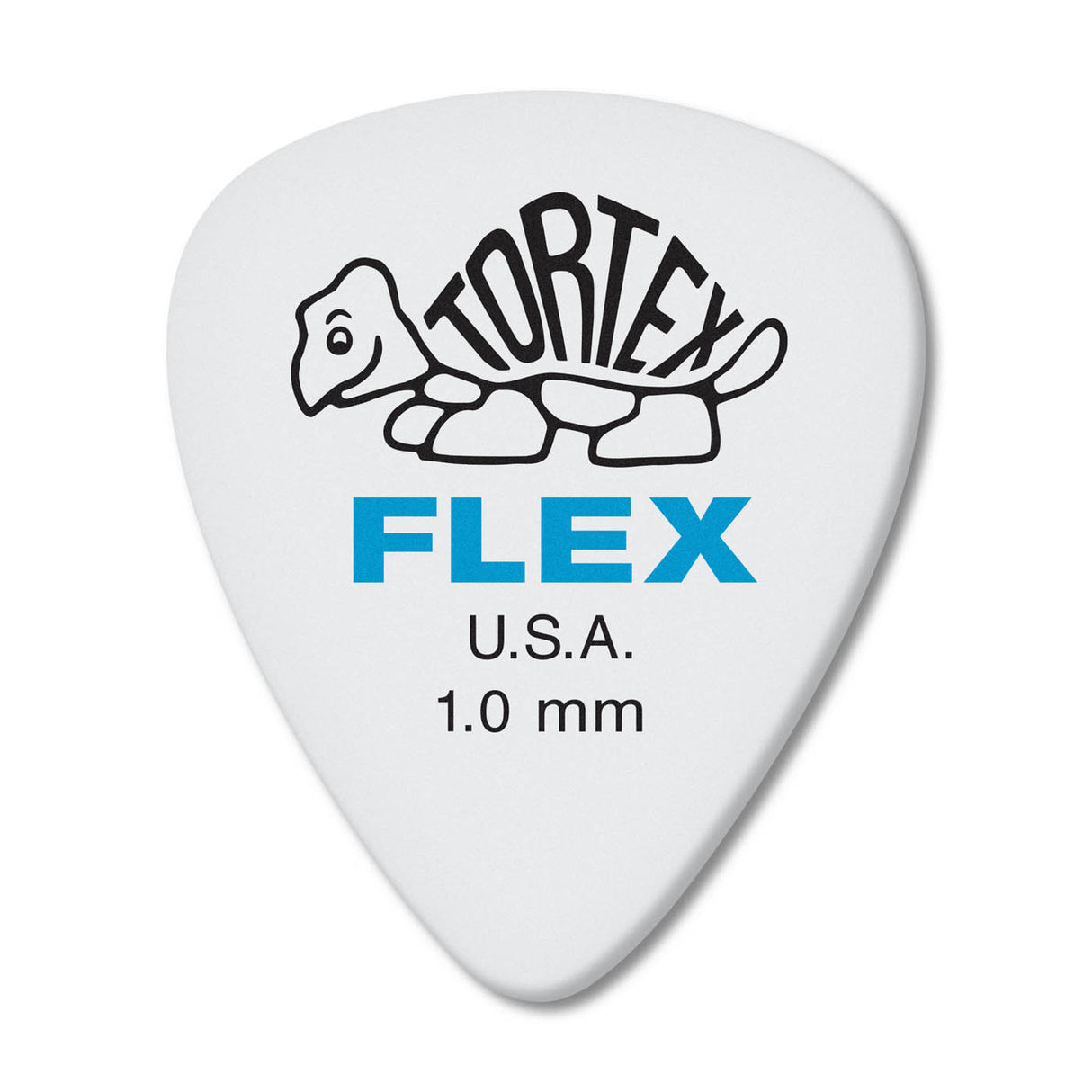 White guitar pick with Tortex Flex branding on a white background