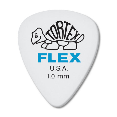 White guitar pick with Tortex Flex branding on a white background
