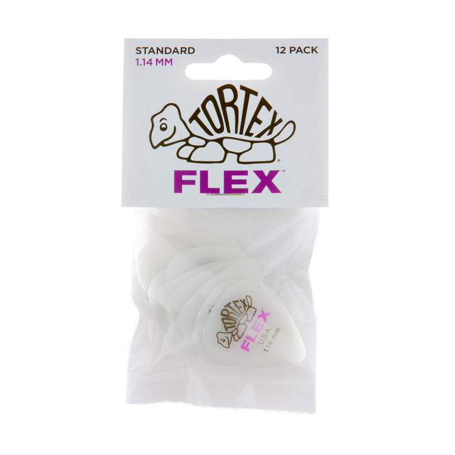 Tortex Flex guitar pick packaging with 12 picks inside on a white background