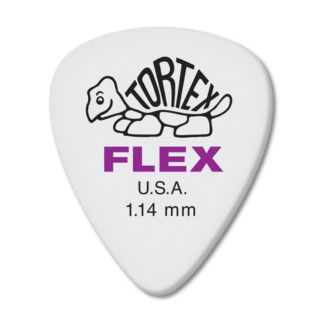 White guitar pick with Tortex Flex branding on a white background