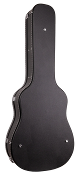 The image shows a black hardshell guitar case with a textured exterior and chrome hardware. It features a classic acoustic guitar shape, multiple latches, reinforced edges, and a side handle. Designed for professional use, the case offers durable, secure protection for transporting and storing guitars.