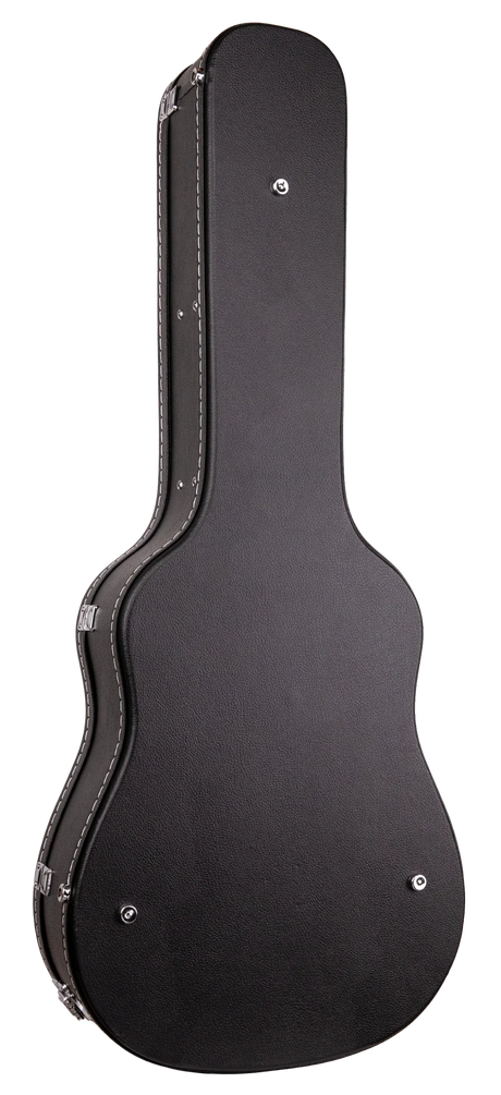 The image shows a black hardshell guitar case with a textured exterior and chrome hardware. It features a classic acoustic guitar shape, multiple latches, reinforced edges, and a side handle. Designed for professional use, the case offers durable, secure protection for transporting and storing guitars.