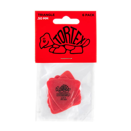 Pack of red guitar picks with Tortex branding on a white background