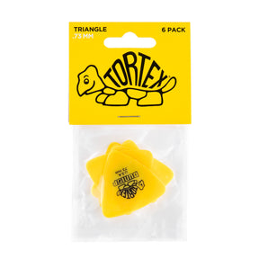 Tortex triangle guitar pick packaging with a yellow background